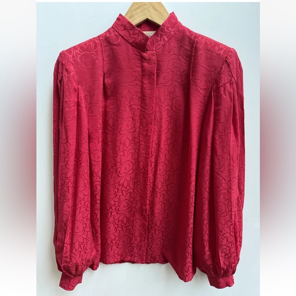 Andre Laug Vintage Red Silk Button Up Long Sleeve Floral Blouse Sz 6 Italy